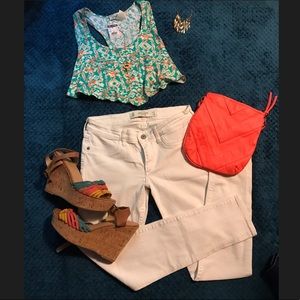 Teal, white, orange, yellow, red crop top